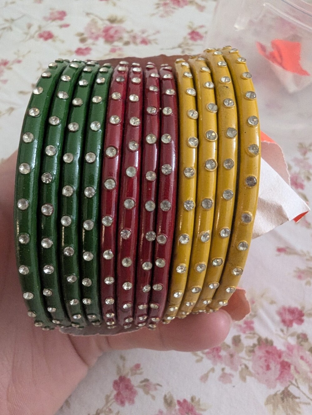 Indian Lac Bangles Set x12|Green Maroon Mustard|Rhinestone Embellished| Size 2.6